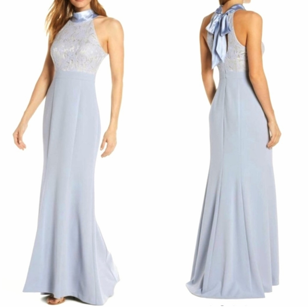 Eliza J Light Blue Backless Lace Halter Gown